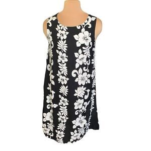 Vintage 90s Mini  Dress Black White Hibiscus Floral Tropical Print Sleeveless
